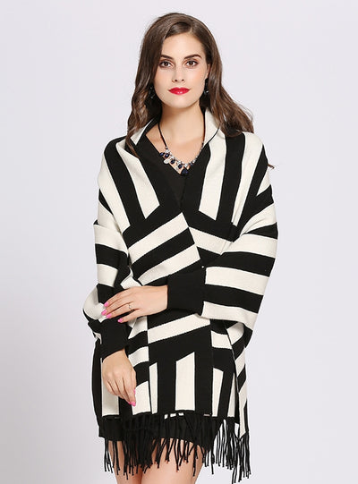 Bat Sleeve Striped Tassel Knitted Shawl Coat