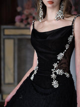 Black Lace Velvet Straps Crystal Prom Dress