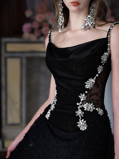 Black Lace Velvet Straps Crystal Prom Dress