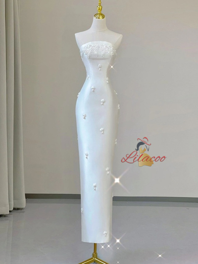 White Satin Tulle Strapless Beading Wedding Dress