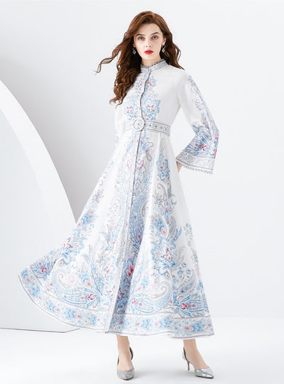 Stand-up Collar Breasted Slim Print Dress