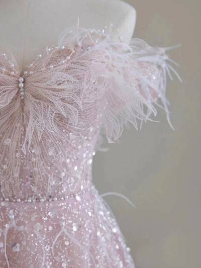 Pink Sequins Off the Shoulder Pearls Prom Dress
