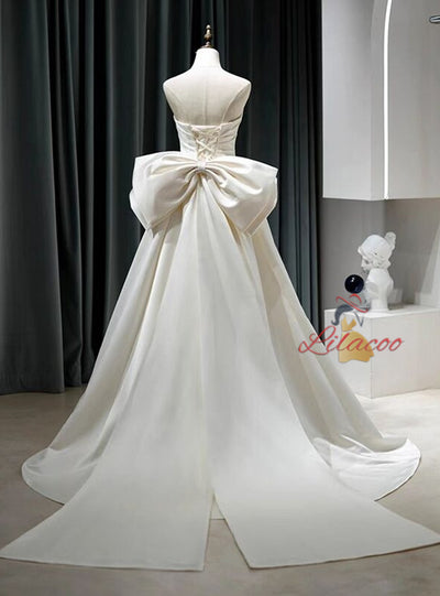 Ivory Satin Strapless Pleats Wedding Dress