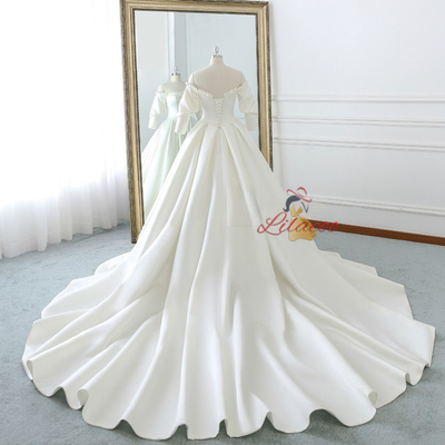 Ivory White Satin Puff Sleeve Wedding Dress