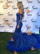 Blue Mermaid Long Sleeve Appliques Prom Dress