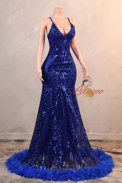 Royal Blue Mermaid Sequins Feather Prom Dress