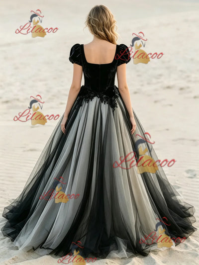 Black Tulle Puff Sleeve Appliques Wedding Dress