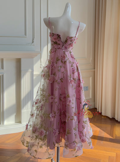 Pink Tulle Print 3D Flower Prom Dress