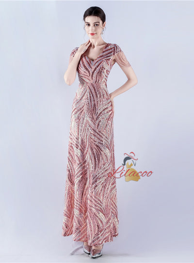 V-neck Sequins Cap Sleeve Beading Sequins Prom Dress