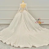 Ivory White Satin Long Sleeve Pearls Wedding Dress