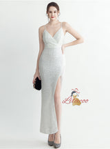 Spaghetti Straps Sequins Split Prom Dress