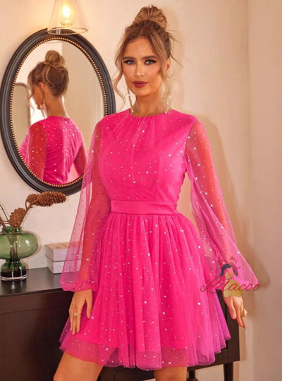 Lantern Sleeve Mesh Short Dress