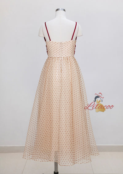 Apricot Polka-dot Contrast Bow Sling Slim Dress