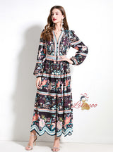 Retro Printed V-neck Button Dress