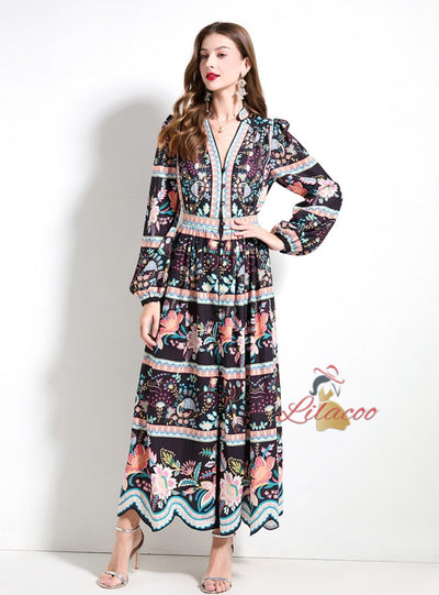 Retro Printed V-neck Button Dress