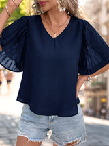 Solid Color Pleated Short-sleeved Shirt