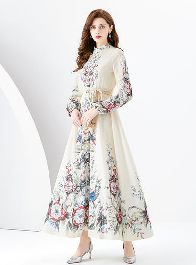Retro Palace Long Sleeve Collar Printed Dress