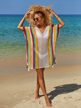 Rainbow Stitching Hollow Knit Tassel Bikini Cover Up