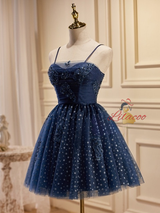 Navy Blue Tulle Beading Homecoming Dress