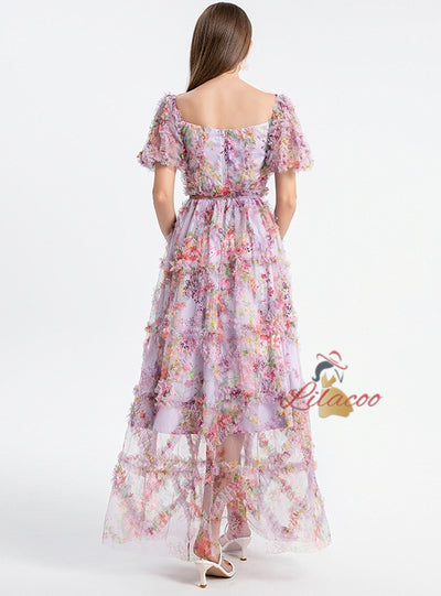 Heavy-duty Mesh Print Stitching Medium-long Dress