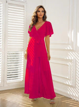 Fuchsia V-neck Short Sleeve Split Dress