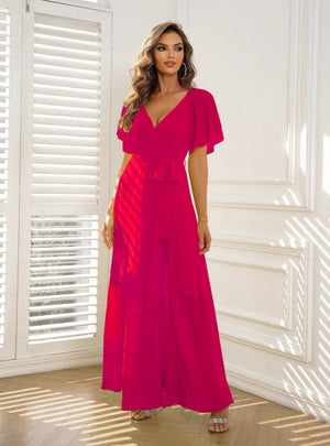 Fuchsia V-neck Short Sleeve Split Dress