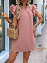 Stand-up Collar Solid Color Ruffled Dress
