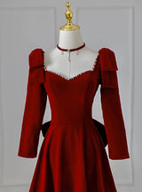 Burgundy Velvet Long Sleeve Bow Prom Dress