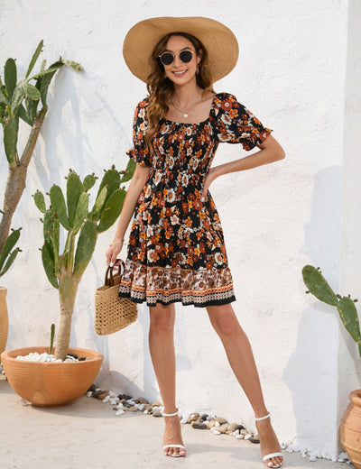 Bohemian Floral Print Short Sleeve Dress