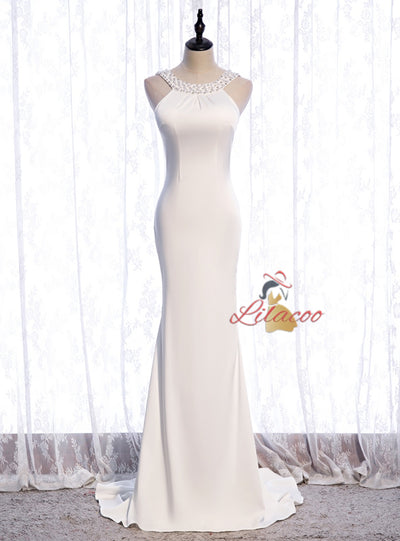 Light Blue Mermaid Beading Backless Prom Dress