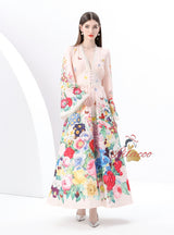 Retro V-neck Breasted Printed Long Dress