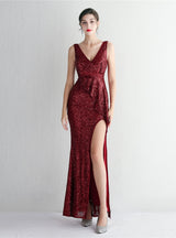 Burgundy V-neck Sequins Split Prom Dress
