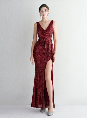 Burgundy V-neck Sequins Split Prom Dress
