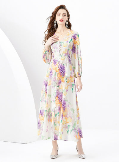 Retro V-neck Single-breasted Printed Long Dress