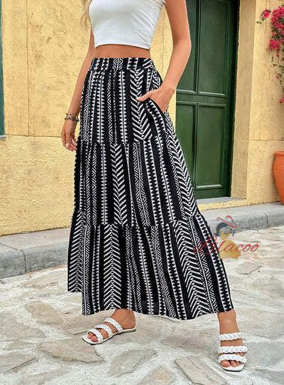 Summer Geometric Print Elastic Stitching Skirt