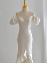 White Satin Puff Sleeve Beading Wedding Dress