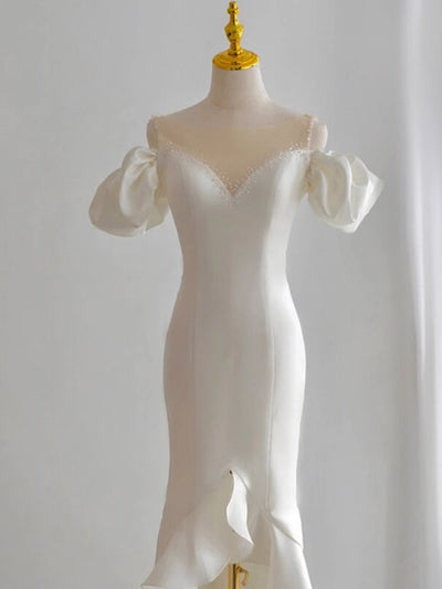 White Satin Puff Sleeve Beading Wedding Dress