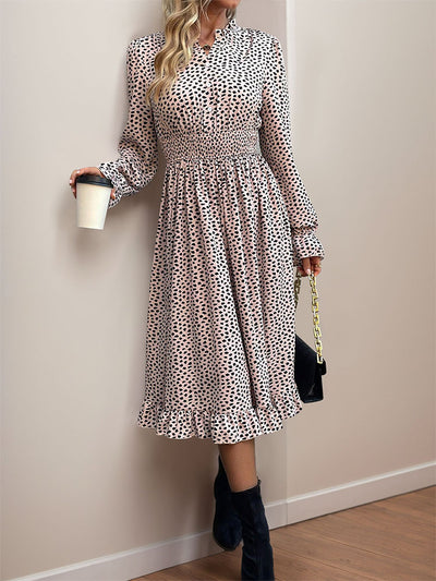 Pleats Long-sleeved Leopard Print Dress