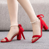 7 cm Thick Suede Beaded Ribbon Summer Sandals