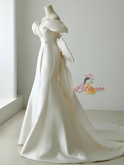 Ivory Mermaid Satin Pleats Bow Wedding Dress