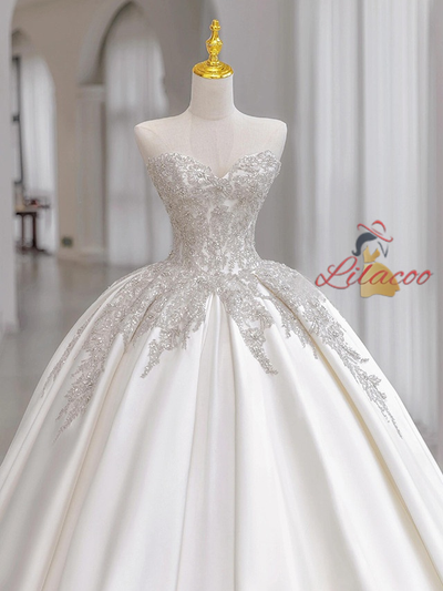 White Satin Strapless Sequins Wedding Dress