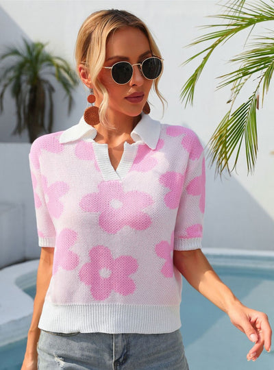 Lapel Flower Printed Short Sleeve T-shirt