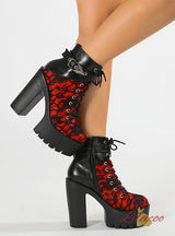 Retro Lace Red High-heeled Thick-heeled Platform Boots