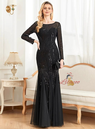 Black Long Sleeve Sequins Prom Dress
