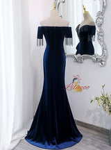 Navy Blue Velvet Beading Prom Dress