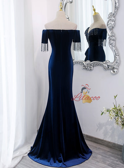 Navy Blue Velvet Beading Prom Dress