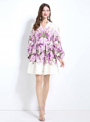 Retro Palace V-neck Long Sleeve Printed Dress