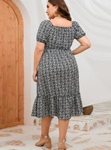 A-line Puff Sleeve Ruffled Print Dress