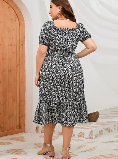 A-line Puff Sleeve Ruffled Print Dress