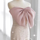 Pink Sequins Puff Sleeve Bow Prom Dress